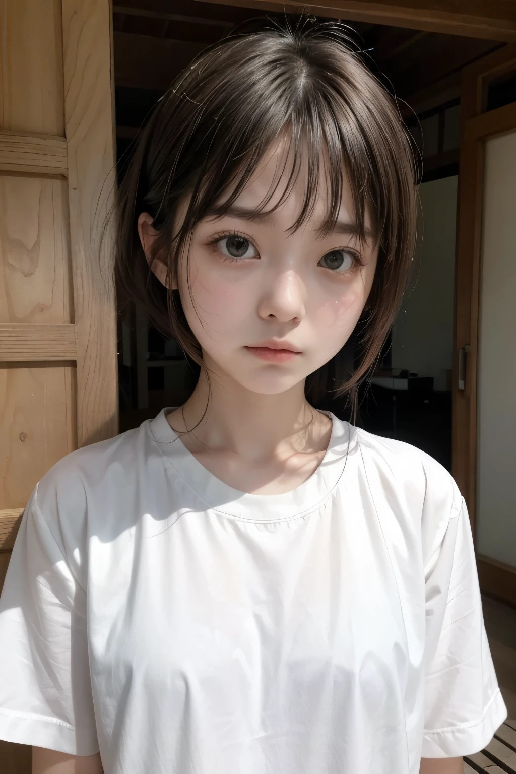 (masterpiece, best quality:1.2), solo, 1girl, machi komacine, expressionless, closed mouth, looking at viewer, japanese clothes, white shirt, short sleeves