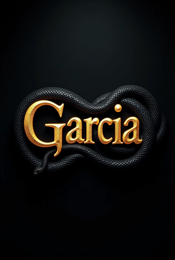 The word Garcia in gold on a black background and a coiled black snake