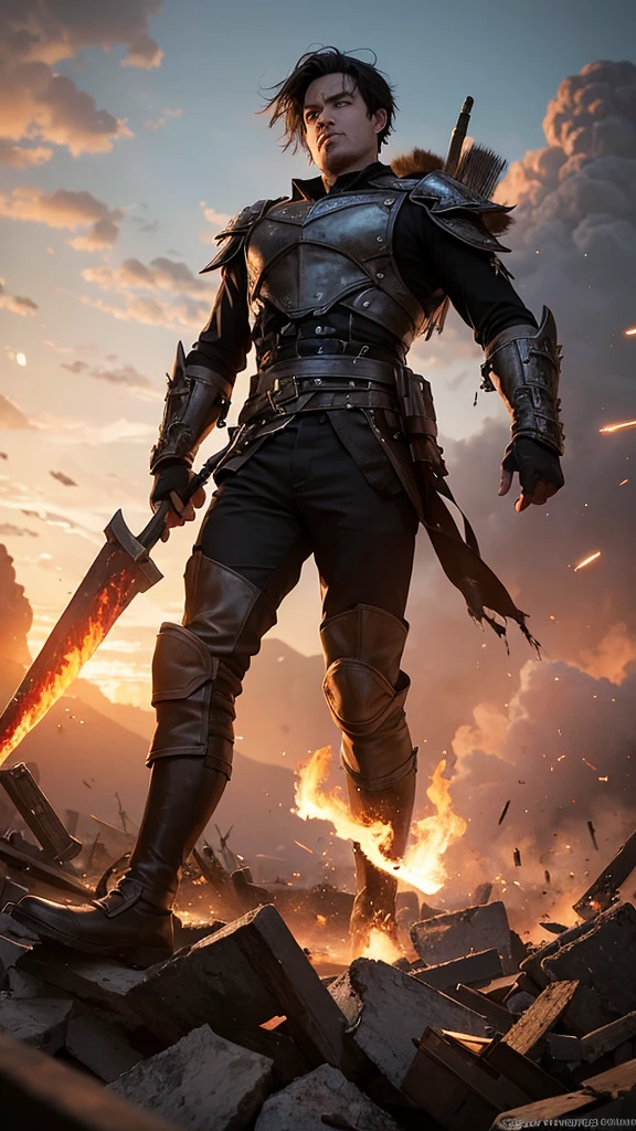 
The man is standing amidst the gruesome carnage of the battlefield, surrounded by the shattered remains of his opponents and the debris of destruction. The air is thick with the acrid scent of smoke and the metallic tang of blood, the stillness punctuated only by the occasional moan of pain or the distant call of a bird of prey. The man's eyes are set with a fierce determination as he raises his formidable weapon high into the air, his face a tableau of defiance and courage as he challenges the very heavens above.