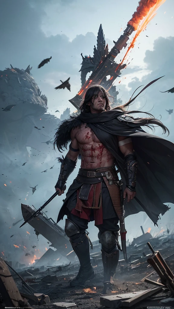 The man is standing amidst the gruesome carnage of the battlefield, surrounded by the shattered remains of his opponents and the debris of destruction. The air is thick with the acrid scent of smoke and the metallic tang of blood, the stillness punctuated only by the occasional moan of pain or the distant call of a bird of prey. The man's eyes are set with a fierce determination as he raises his formidable weapon high into the air, his face a tableau of defiance and courage as he challenges the very heavens above.