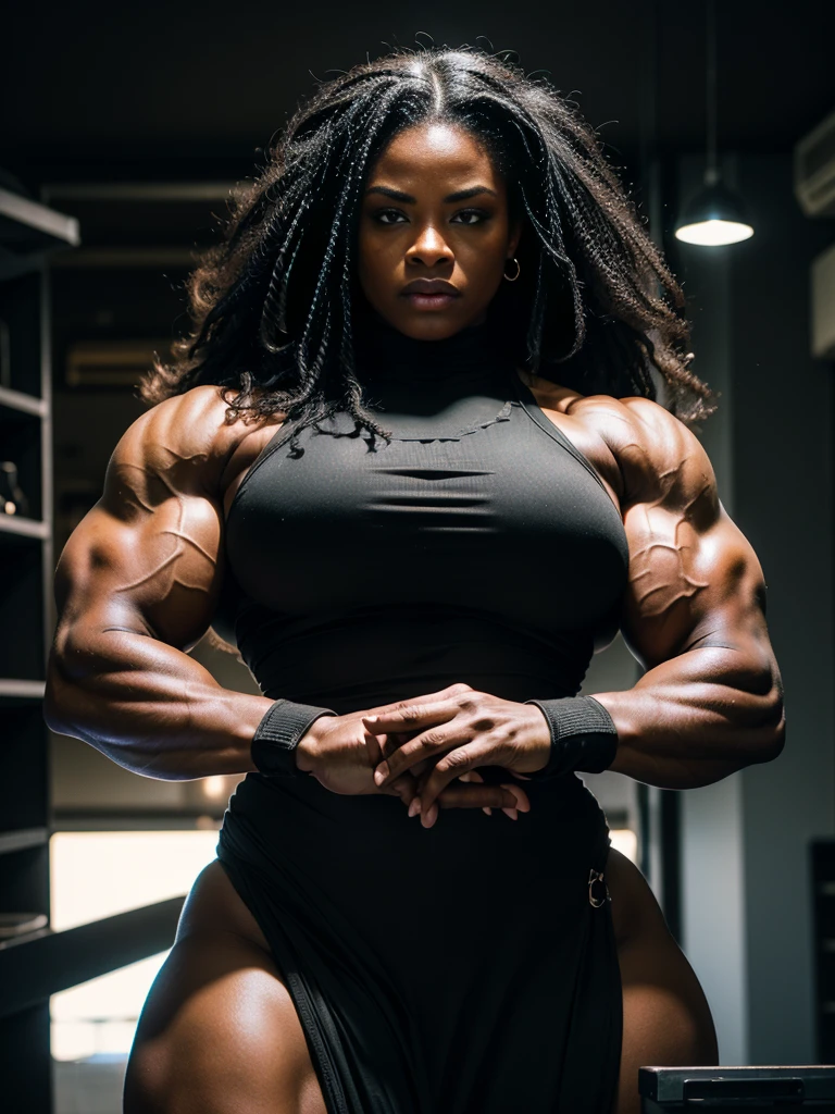 ebony black female bodybuilder, (extremely massive and muscular woman:1.3), long elegant black dress, posing in penthouse, realistic, photorealistic, 8k, hyperdetailed, sharp focus, physically-based rendering, extreme detail description, professional, vivid colors, bokeh, dramatic lighting, strong shadows, powerful, intimidating, ripped, vascular, chiseled, athletic, confident, fierce, intense gaze, dramatic composition