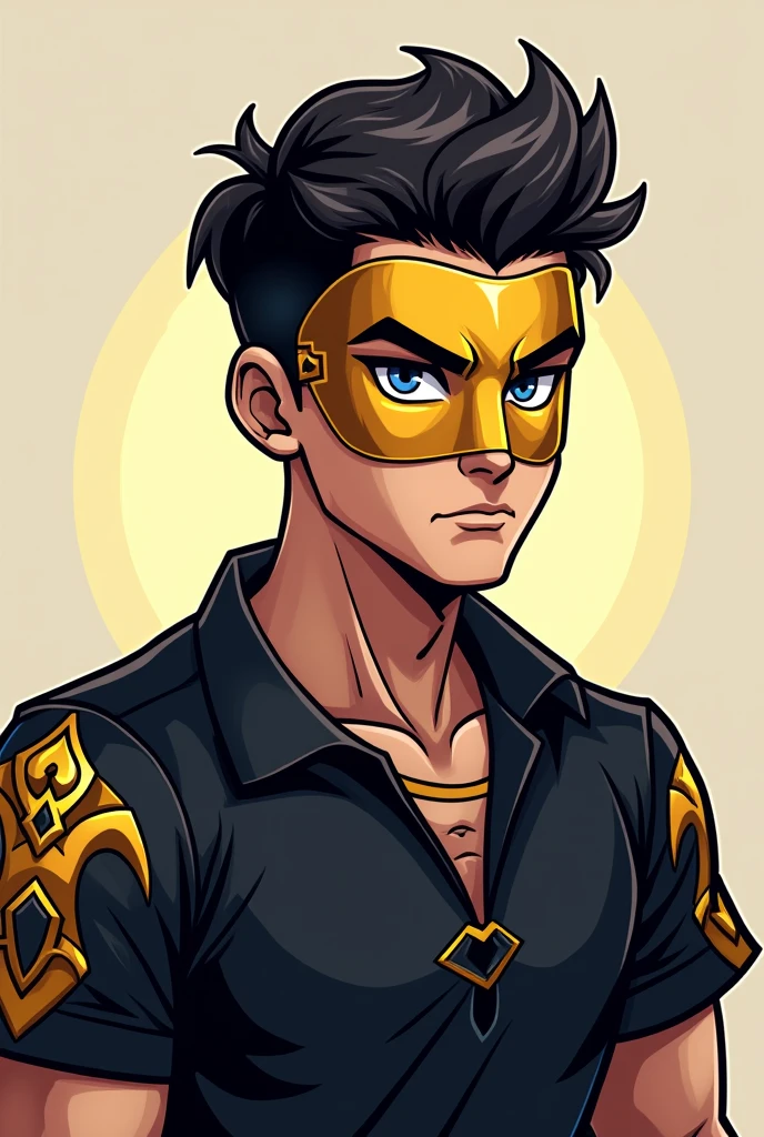 Create me a logo mascot where the mascot is a gamer boy with a golden mask and a black shirt with gold