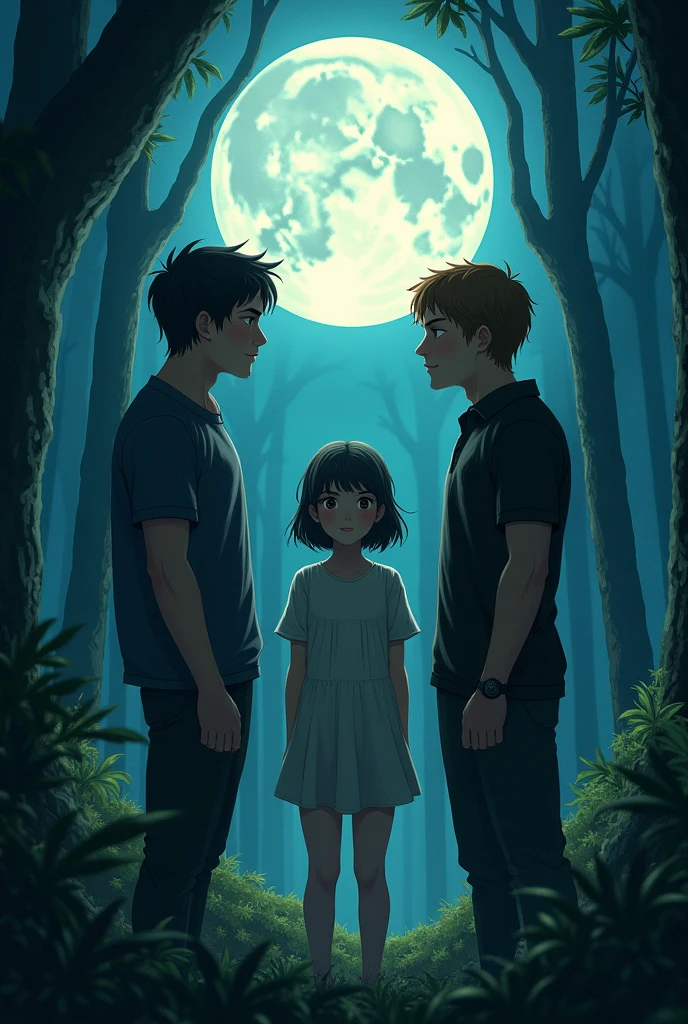 A girl in the middle, next to two men, one with short black hair, pale skin and the other short brown hair, big bright moon behind them, forest