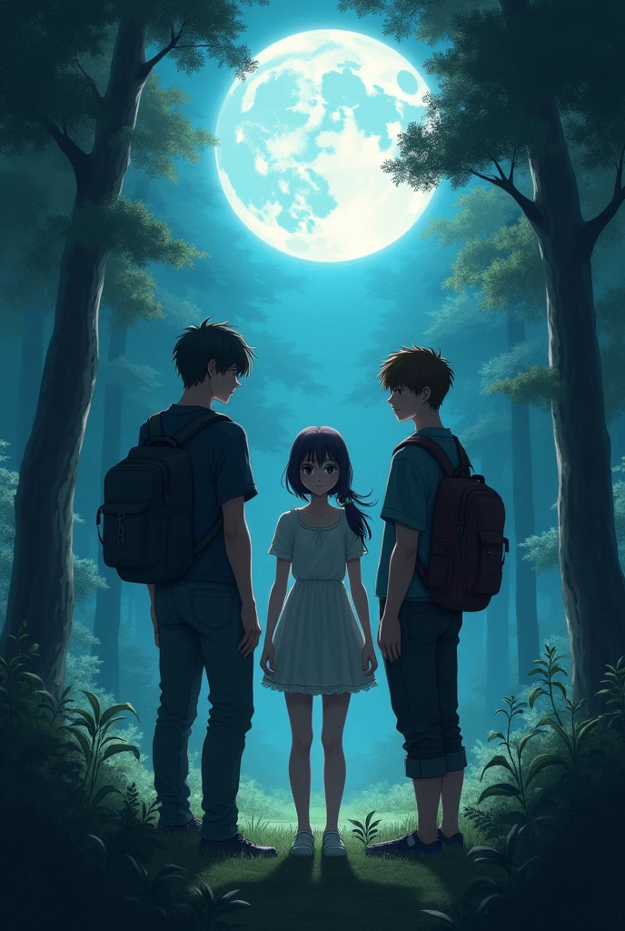 A girl in the middle, next to two men, one with short black hair, pale skin and the other short brown hair, big bright moon behind them, forest