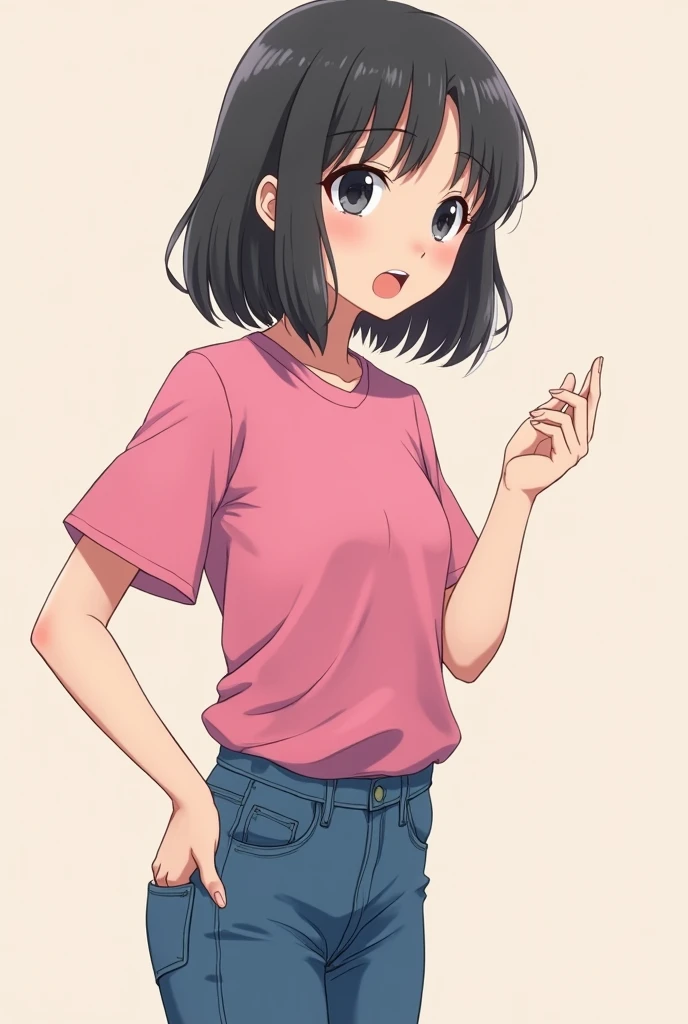 A beautiful young woman, standing, she looks like she's talking, she wears a pink t-shirt and a jeans, anime style, full portrait realistic, profile side view