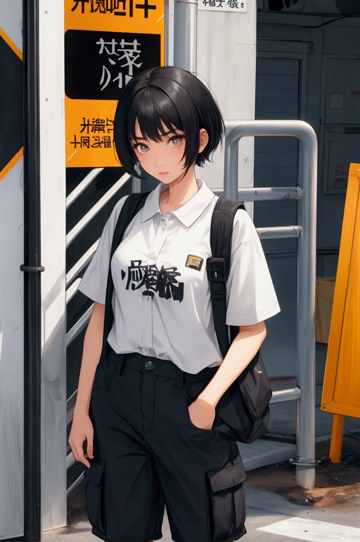 Teenage Asian girl with short black hair. Wearing construction worker outfit. Shy facial expression.