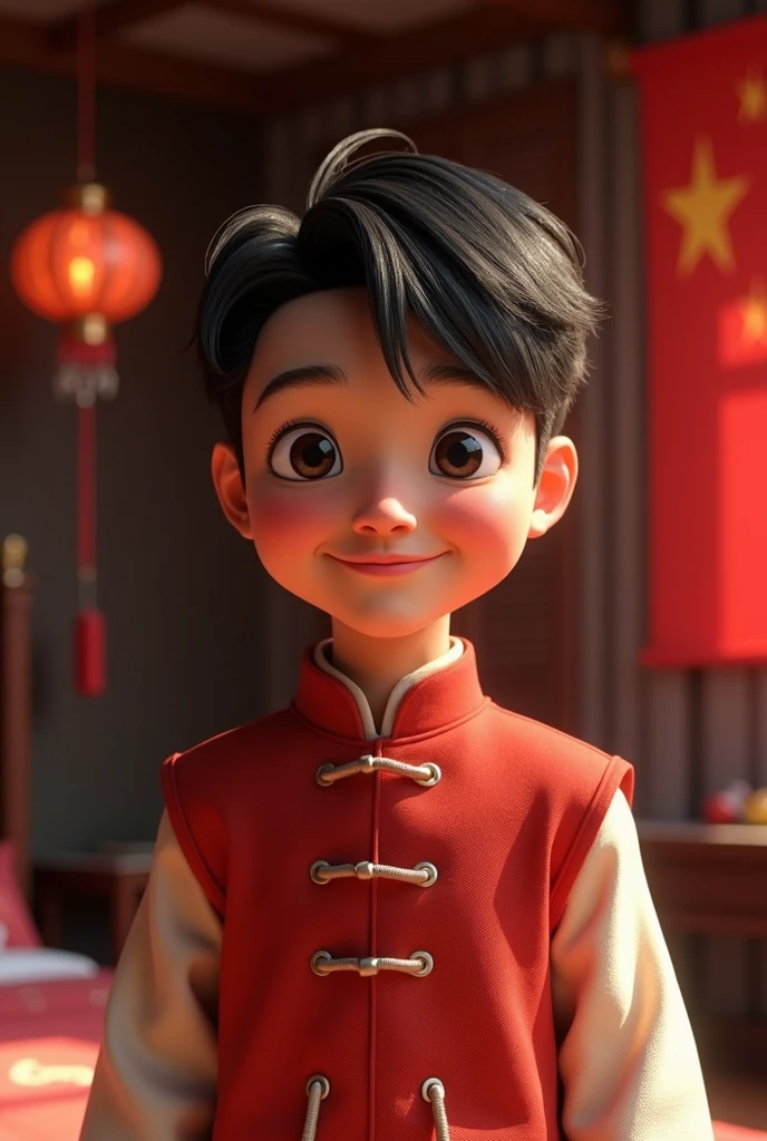 A happy and handsome man stood up,detailed short hair, wearing a hanfu, , Half body image display,dark bedroom, Youngh, tom, Pixar-style, 。.3d, animated cartoon, detail, asymmetric 16k, (1024x1024), Asian eyes, china flag in the background, chinese flag in hanfu