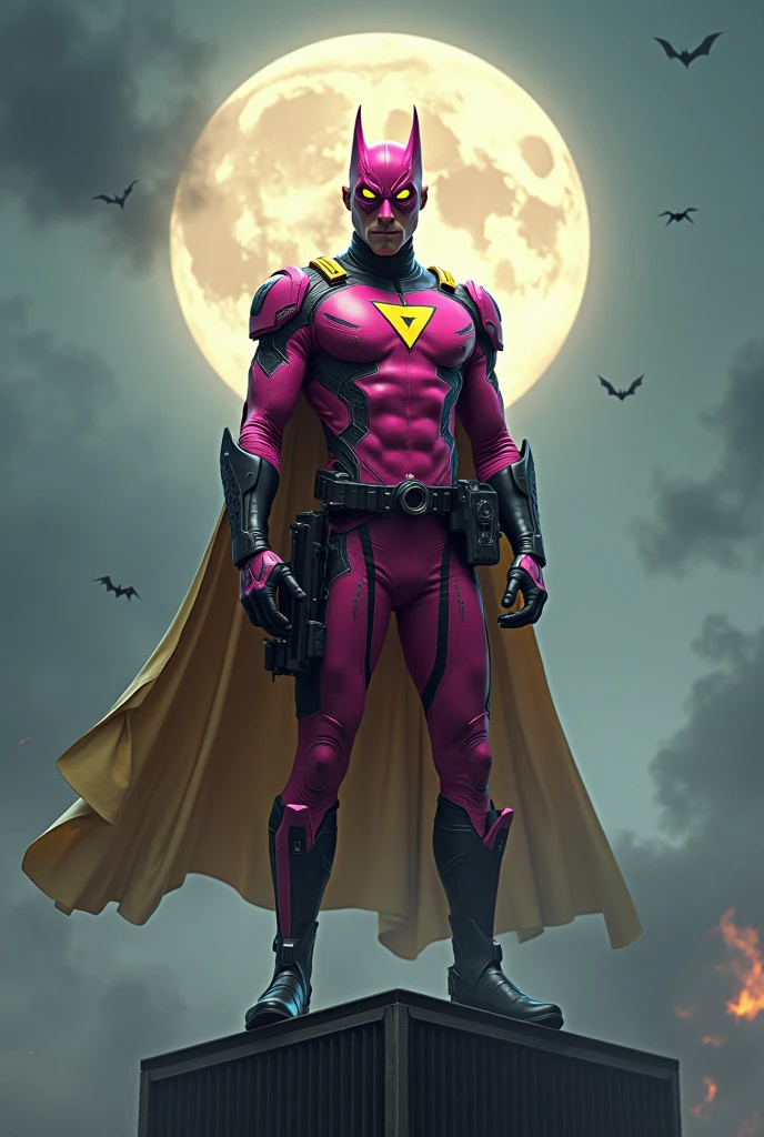 Malaysia man in high-tech suit, vivid effects, malaysian superhero (KELUANG MAN) in a striking pink and beige costume cyberpunk design, mask small mini bat ear beige, daredevil biage mask, jumpsuit dark pink stands confidently in a dramatic.jumping from high place.hero costume. Big triangle logo on the chest. Punisher logo on the chest. Fighting pose , stormy landscape. ((Head covered node guard like batman. Running pose , athletic body type, small mini ear bat mask))The character wears domino mask a helmet with pointed mini torn ears and a flowing cape biege, open nose and mouth. Equipped with visible futuristic weapons on a belt,bullet proof jacket pink dark day.show fingers pose, dark night, big supermoon effect . Small logo on chest triangle shape small punisher logo center triangle cyber logo center on chest pink logo mini logo . rocky. Building top.smoke ground , bomb effect background, losse pants, losses costume.adding to --ar 3:4 --style raw --stylize 500 --v 6.1. chaos. Lot of small flying bat. One leg on the high stone. Man . Real man age 40 year old. One hand holding belt.one hand holding black rope hanging on building