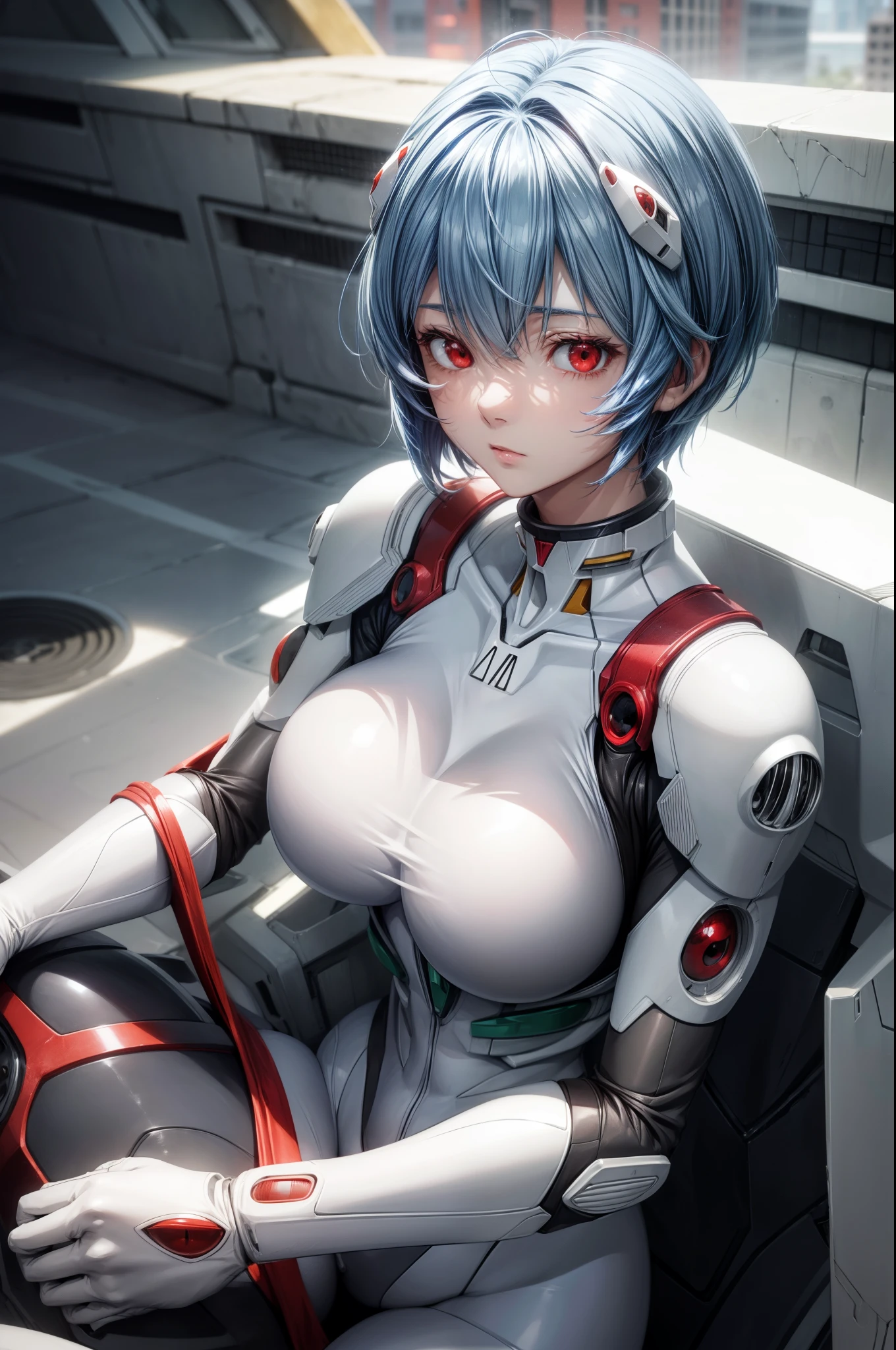 Rayanami, Rei Ayanami, Blue Hair, short hair, (Red eyes:1.5), break bodysuit, headgear, Plug Suit, White bodysuit, break outdoors, city, break looking at viewer, break (Big Breasts:1.4),(masterpiece:1.2), Highest quality, High resolution, unity 8k wallpaper, (figure:0.8), (Beautiful attention to detail:1.6), Highly detailed face, Perfect lighting, Highly detailed CG, (Perfect hands, Perfect Anatomy),