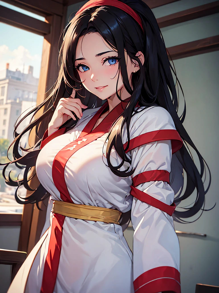 (masterpiece、top-quality、hight resolution、Unity 8k、extremely details CG:1,Best Picture), A married woman with black hair and steel blue eyes, her expression full of lust. Her eyes are half-lidded and slightly glazed, with a moist and glossy look. Her lips are parted, slightly wet, and she has a faint, suggestive smile. Her cheeks are flushed, and she lightly bites her lower lip. Her head is tilted slightly, enhancing the seductive atmosphere. nsfw, red ribbon, hair band