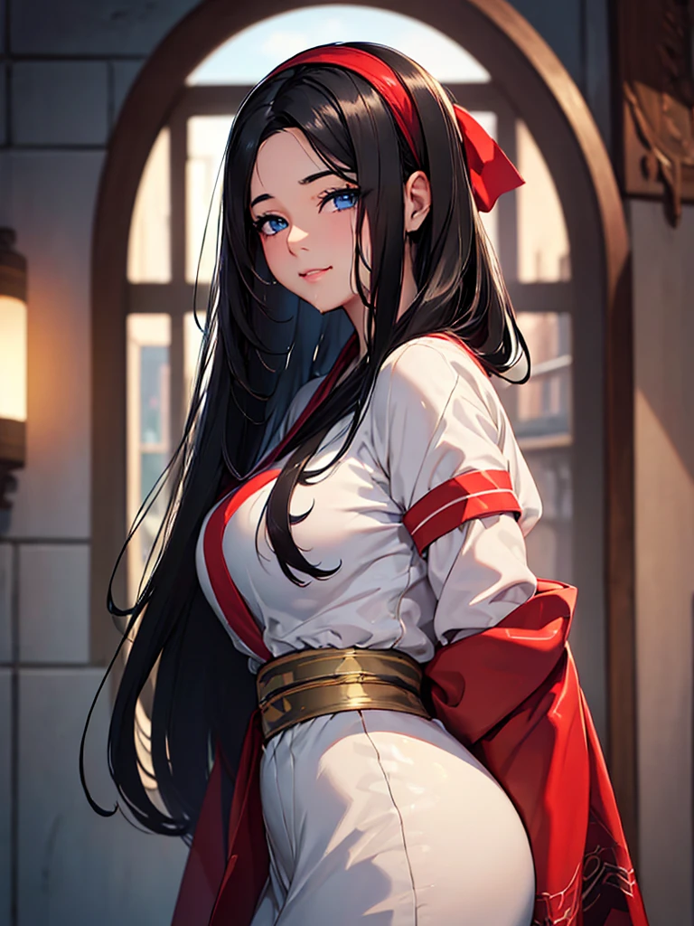 (​masterpiece、top-quality、hight resolution、Unity 8k、extremely details CG:1,Best Picture), A married woman with black hair and steel blue eyes, her expression full of lust. Her eyes are half-lidded and slightly glazed, with a moist and glossy look. Her lips are parted, slightly wet, and she has a faint, suggestive smile. Her cheeks are flushed, and she lightly bites her lower lip. Her head is tilted slightly, enhancing the seductive atmosphere. nsfw, red ribbon, hair band