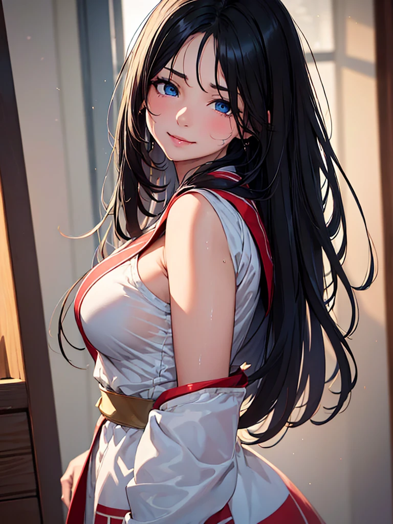 (masterpiece、top-quality、hight resolution、Unity 8k、extremely details CG:1,Best Picture), A married woman with black hair and steel blue eyes, her expression full of lust. Her eyes are half-lidded and slightly glazed, with a moist and glossy look. Her lips are parted, slightly wet, and she has a faint, suggestive smile. Her cheeks are flushed, and she lightly bites her lower lip. Her head is tilted slightly, enhancing the seductive atmosphere. nsfw, red ribbon, hair band