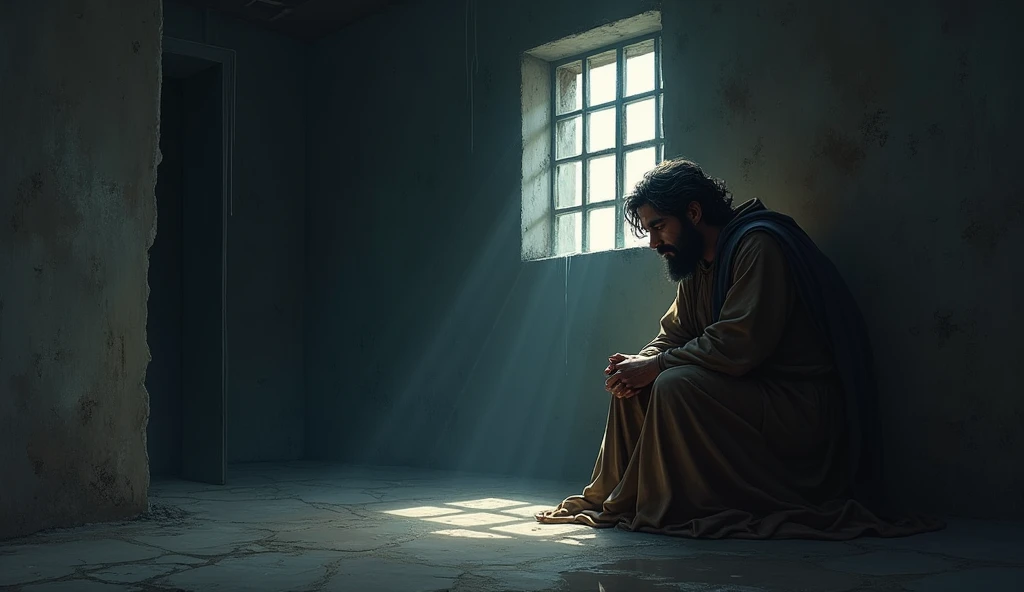 Joseph of Egypt in a dark and damp cell, reflecting sadness and despair. A small window lets in a beam of light, symbolizing hope. Cold and dark colors predominate.