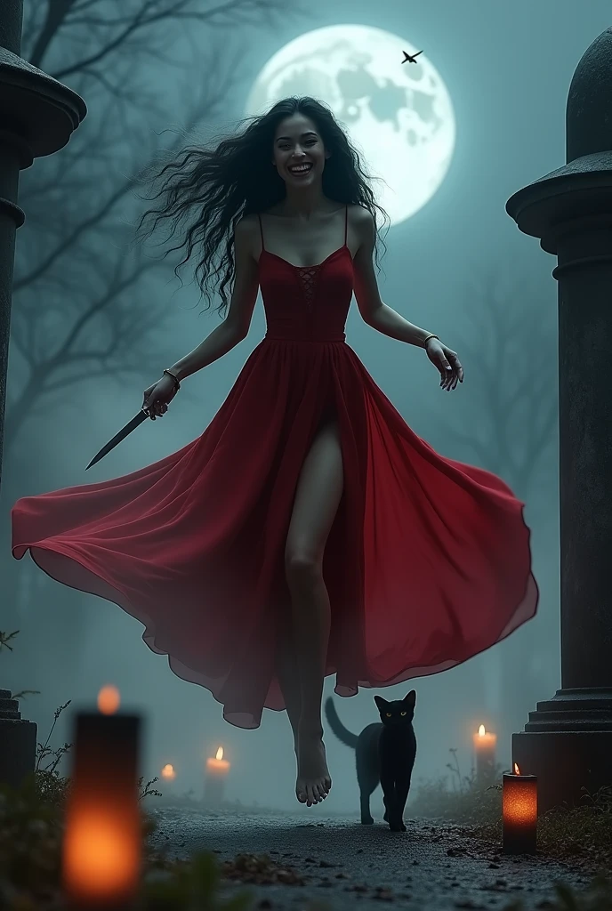 create a realistic photo of a tall woman, Caucasian skin, dressed in a red dress spinning around, long wavy black hair, Big black eyes, thin and delicate face, also wearing a red corset, barefoot, standing, Grinning, with visible teeth, with a dagger in his left hand, on a full moon night background in the dark medieval cemetery with black candles on the floor lit. she is in motion as if she is running and floating, and a black cat accompanying her. white fog around, and a macumba in front on the side.