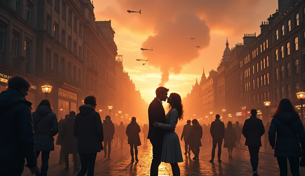 2024 London in chaos; people looking at the sky; couples kissing in the streets. Bombs falling from the sky