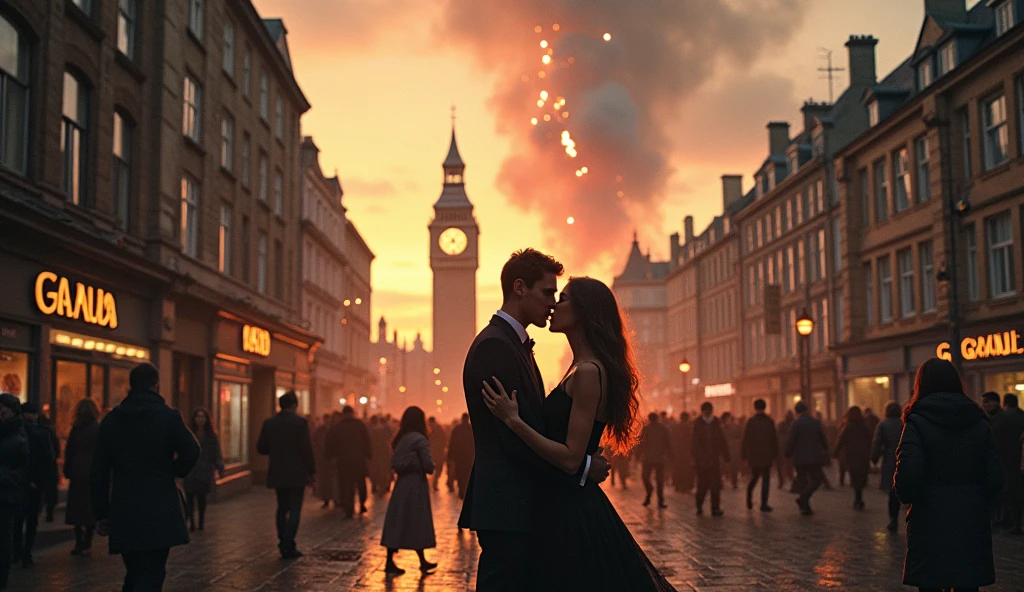 2024 London in chaos; people looking at the sky; couples kissing in the streets. Bombs falling from the sky