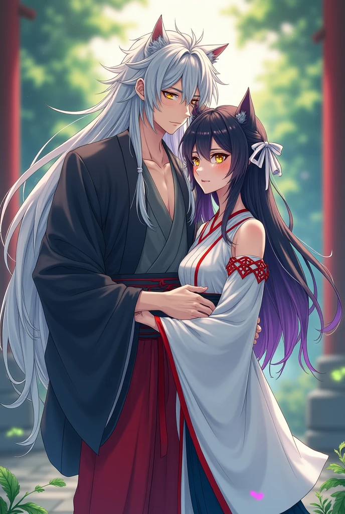 An anime couple consisting of a man who has very long silver hair down to his waist., with cat ears and golden eyes and wears a hakama (pants) blouses at the ankles, a jacket with sleeves "separate", un kosode (shirt), and an obi (belt) all in red, and a woman has a slender figure, She has long black hair with dark purple highlights on the edge., which is half-gathered by a white ribbon tied, with bangs like Hinata Hyuga's , with small brown eyes, She is wearing the traditional dress of a miko , which has remained essentially unchanged to this day, except for the lack of the shoulder seam with slits. Kikyō wore a hakui (tunica) blanca con soda-really (laces) red through the sleeves and open shoulders, He caresses her waist from behind and she is embarrassed