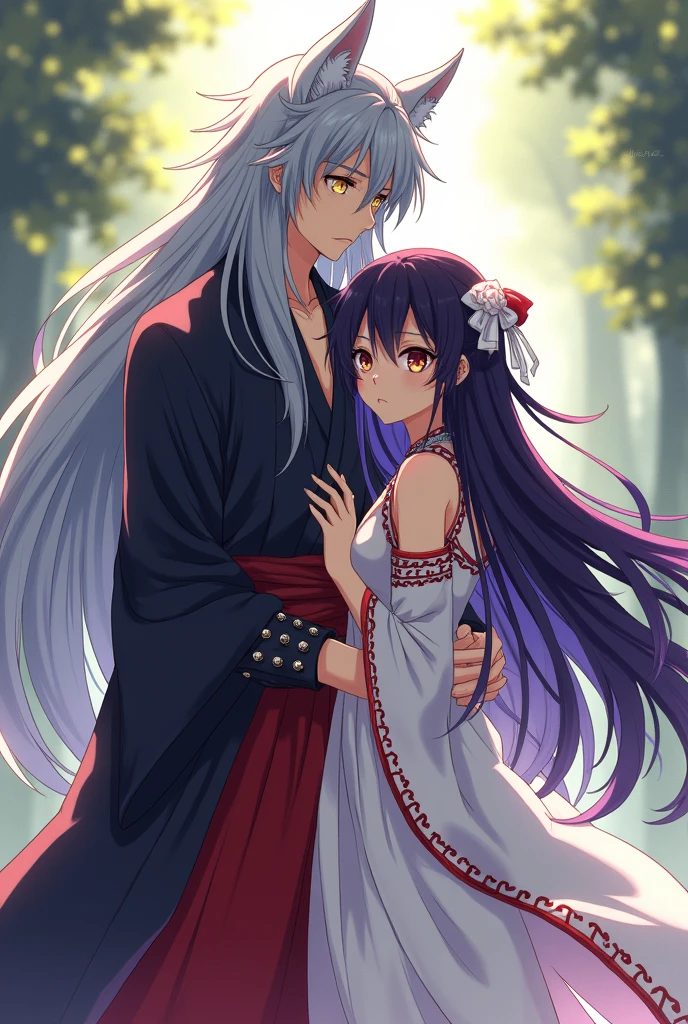 An anime couple consisting of a man who has very long silver hair down to his waist., with cat ears and golden eyes and wears a hakama (pants) blouses at the ankles, a jacket with sleeves "separate", un kosode (shirt), and an obi (belt) all in red, and a woman has a slender figure, She has long black hair with dark purple highlights on the edge., which is half-gathered by a white ribbon tied, with bangs like Hinata Hyuga&#39;s , with small brown eyes, She is wearing the traditional dress of a miko , which has remained essentially unchanged to this day, except for the lack of the shoulder seam with slits. Kikyō wore a hakui (tunica) blanca con soda-really (laces) red through the sleeves and open shoulders, He caresses her waist from behind and she is embarrassed 