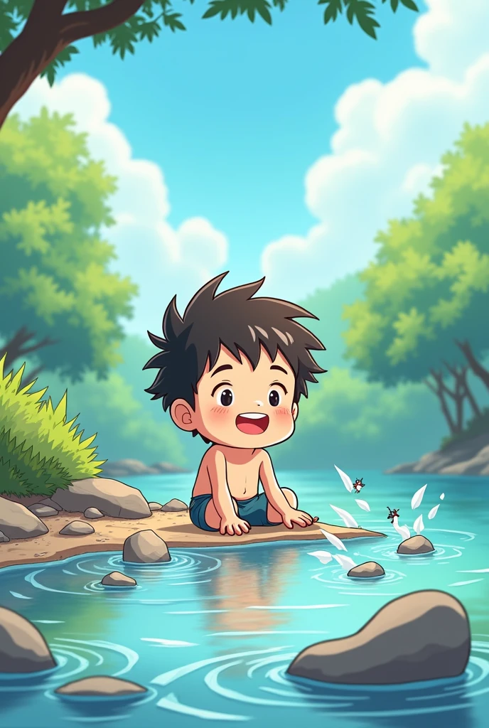 Hans throws stones into the water, Sitting on the shore, smiling and relaxing Draw a comic with chibi in anime for kids