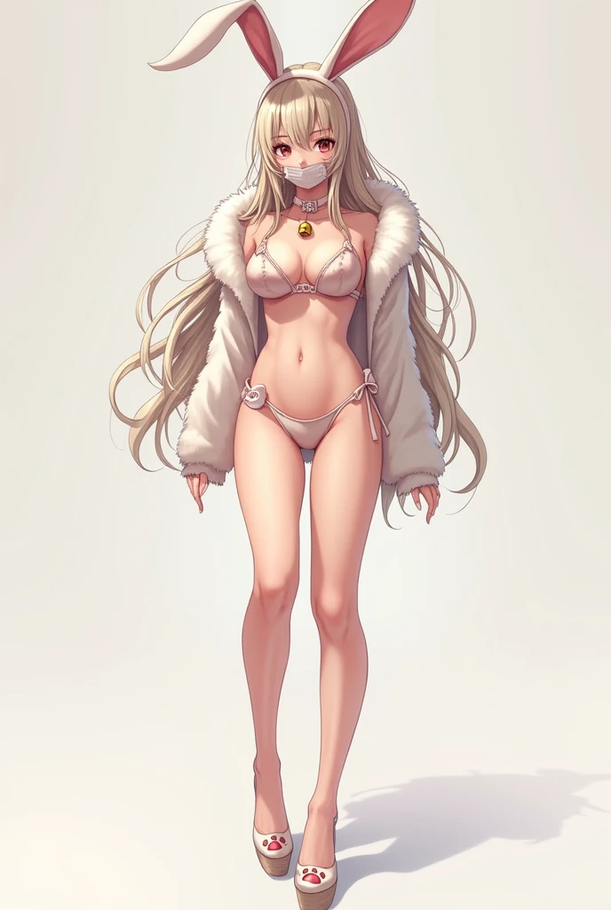 anime girl,masterpiece, best quality, ultra highres, original, extremely detailed, perfect lighting,whole body, full body photo , japan girl(large breasts) , she wearing sexy rabbit bikini costume(fur surface) , she wearing rabbit muzzle on mouth&nose , rabbit ear headband , rabbit tail , collar with bell , animal paw pinheel , standing , wide legs , front view