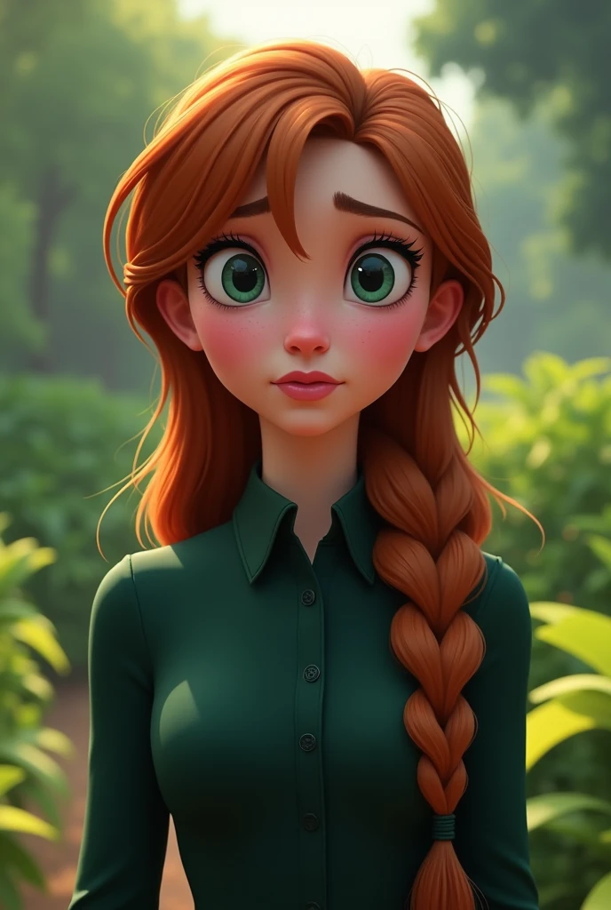 Elsa from Frozen, modern, sharp facial features, realistic, cartoon art style, deep auburn hair, wearing a dark green button down formal collared shirt, background should be a green garden, voluminous long hair let down, curtain bangs, looking distressed 