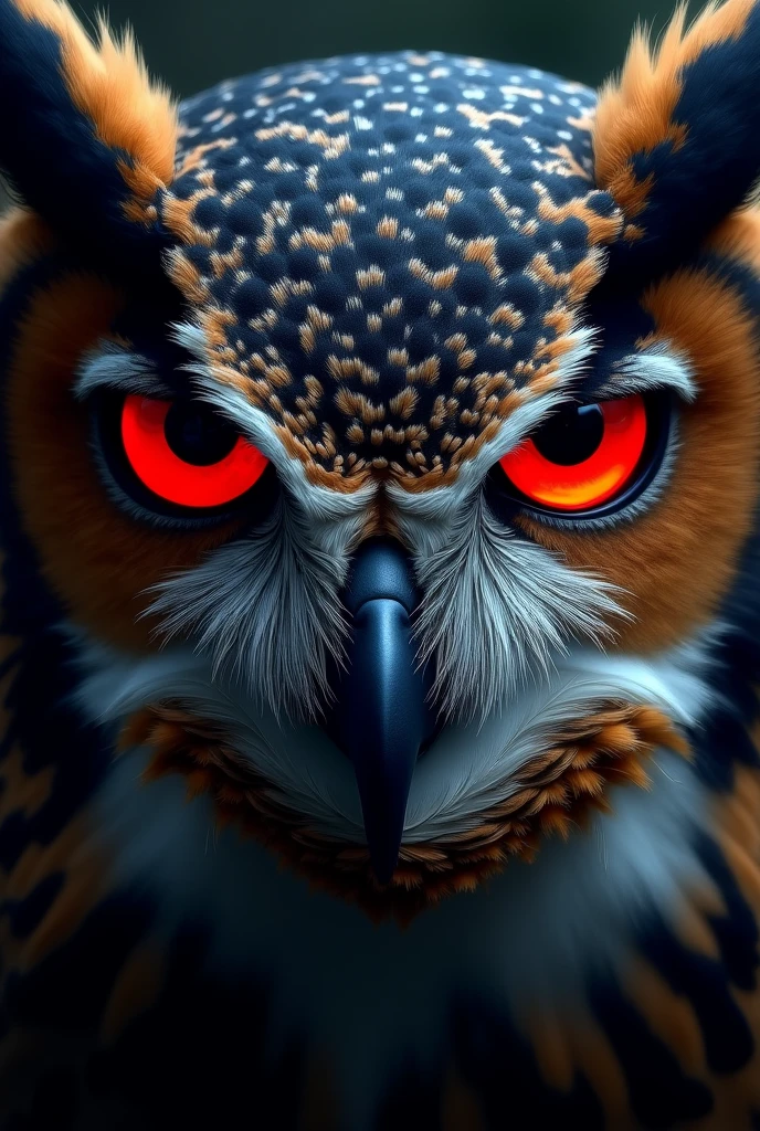 Owl face with red eyes for a frame divided into one parts 