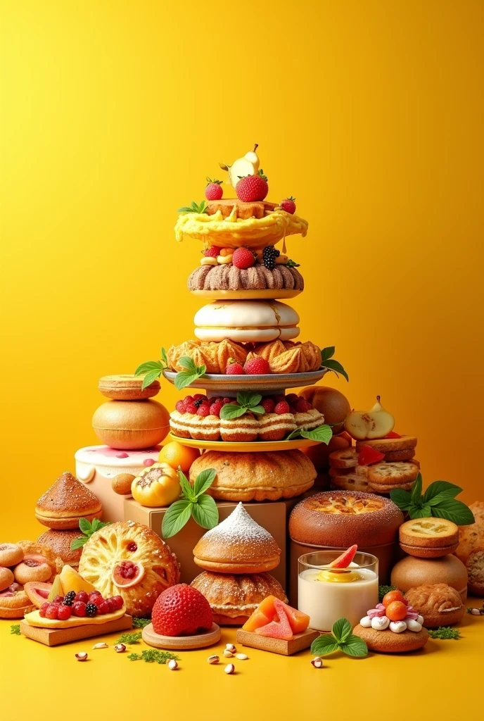 Food stacked on a yellow table