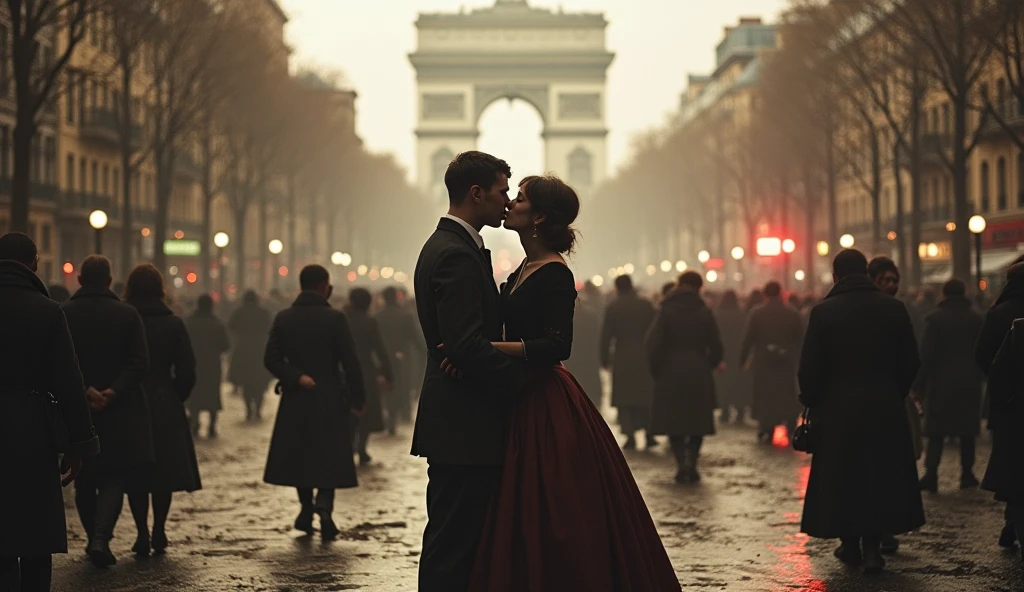 1914 Paris in chaos; couples kissing in the streets. Bombs falling from the sky