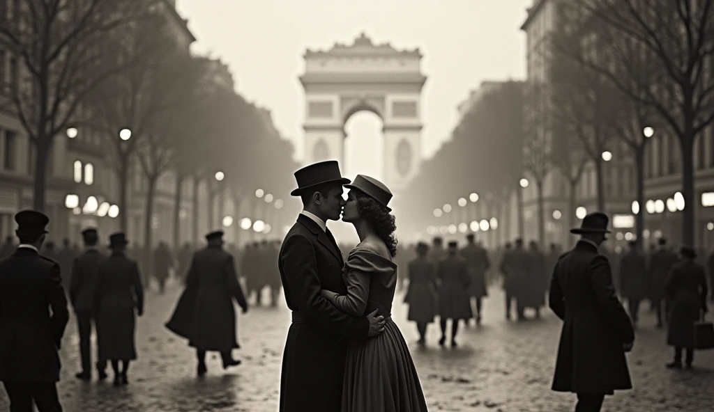 1914 Paris in chaos; couples kissing in the streets. Bombs falling from the sky