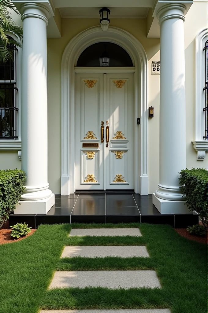 law office, in a house with a grass floor with black porcelain sidewalk, white door with gold details and a sign next to the grass that reads “Dr. Gustavo Oliveira OAB/SP 416.818”