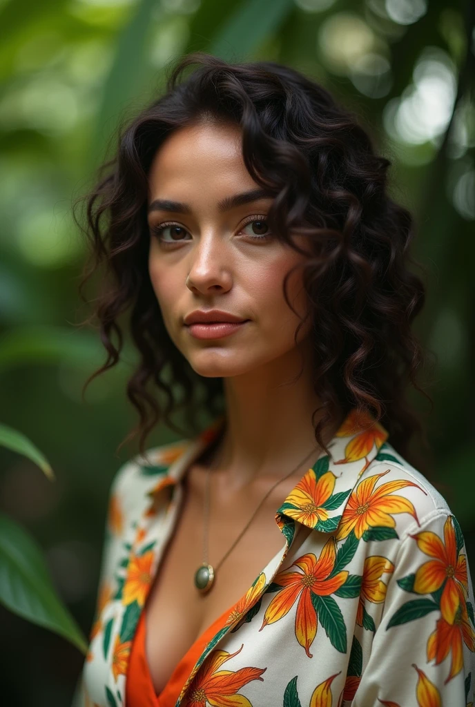 A Brazilian woman in a lush tropical garden, wearing an open shirt with a floral print, with a close-up capturing the harmonious beauty between her breasts and the natural flowers, showing off your natural charm and outgoing personality.