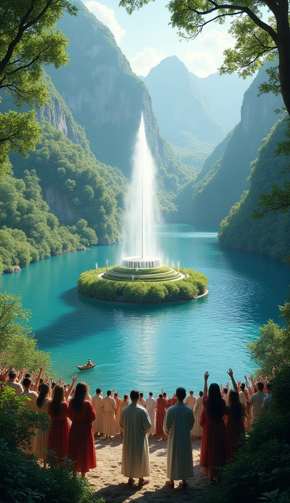 beautiful lake with an island in the center, In the middle of the island there is a beautiful water fountain that fills the lake with water., All around the lake there are people raising their hands towards the fountain., 