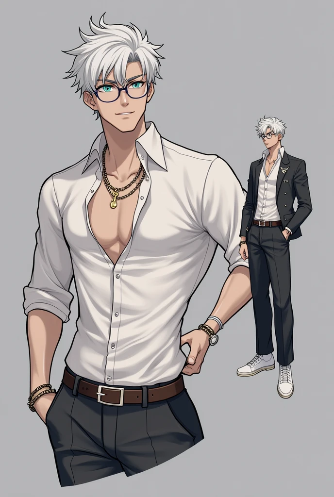 man, silver hair. custom glasses, a fit body, a white shirt tight to his body, over a black jacket with accessories and small chains, long black pants and around a brown belt and white personalized shoes, eyes of a sky blue color, Genshin Impact style in different positions 