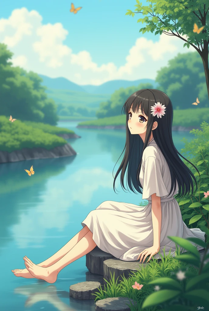 A anime character girl sitting on a river side and a beautiful flower in her heir , landscape, some butterfly is flying