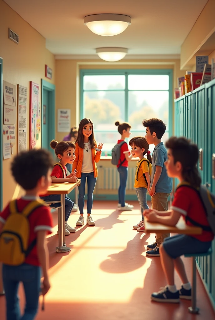 Pixar image of students practicing responsibility at a high school with teachers 