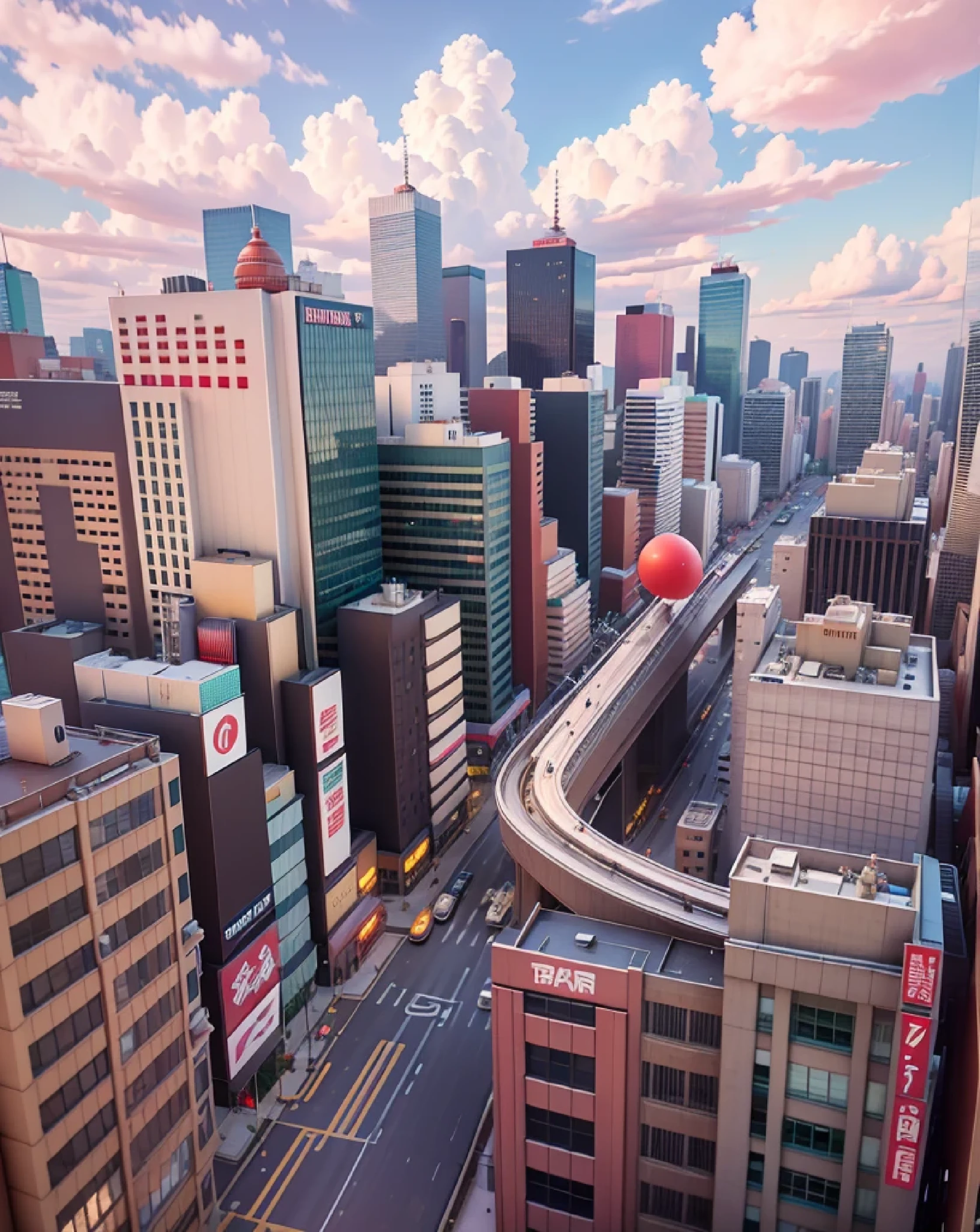 there is a red frisbee flying over a city street, japanese downtown, tokyo in the background, shinjuku, in tokio, tokio, tokyo city in the background, set in tokyo rooftop, in tokyo shinjuku, view from high, tokyo japan, view from slightly above, surrounding the city, tokyo city, in neo tokyo, tokio futuristic in backgroundchibi,blindbox, plastican00d,(best quality, 4k, 8k, highres, masterpiece:1.2), ultra-detailed, playful, cartoon, cute, 3d rendering,