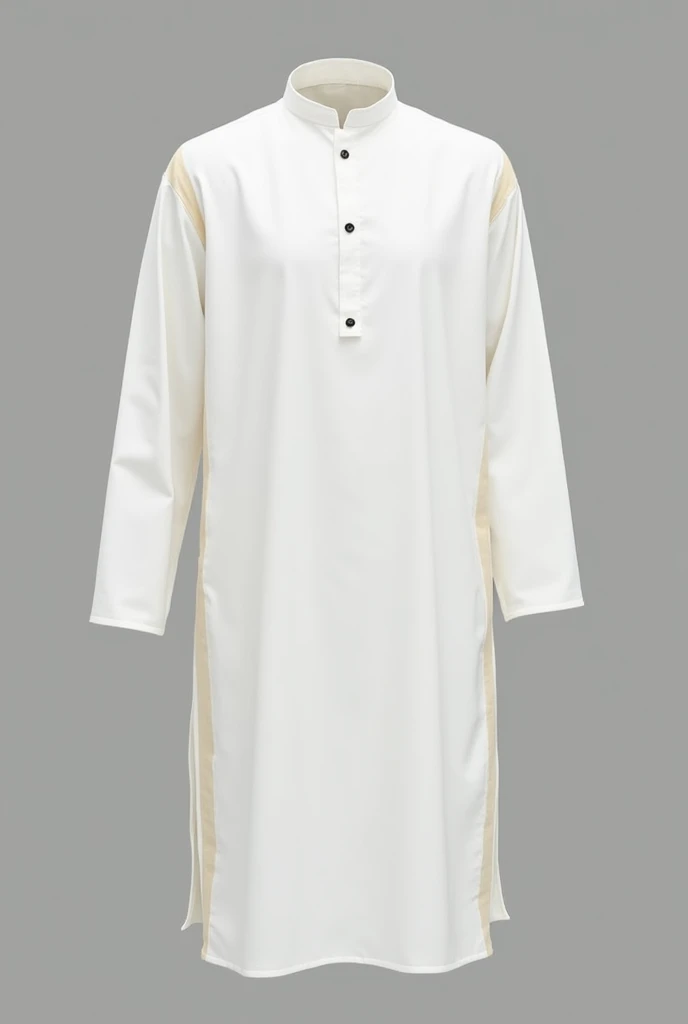 an Indian Muslim kurta, which reaches to the knees, no model or man in the image, just the kurta, the collar must be thin and discreet, white in color, the collar button must be black, the kurta has a marbled color in the center, and the sides as well as the sleeves are white in color 
