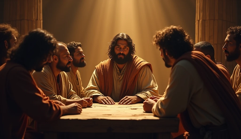 Joseph sitting at a table, surrounded by prisoners, interpreting your dreams. The environment is illuminated by a soft light, symbolizing wisdom. Warm and welcoming colors.