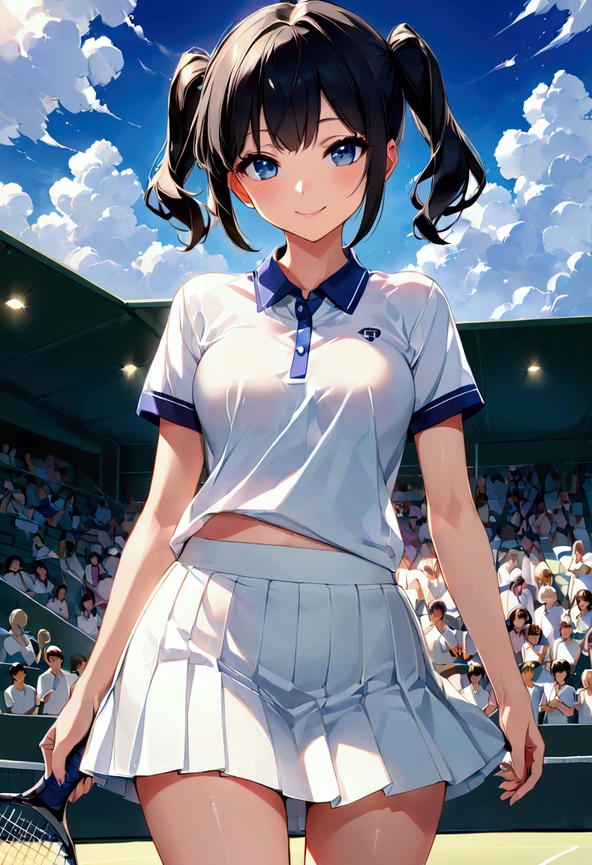 高いquality illustration, masterpiece, Very delicate and beautiful, Slender body, Anime Style, Beautiful Eyes, masterpiece, Highest quality, High resolution, Very detailed, Perfect lighting、Painted from the front、very young、1 female、smile、Black Hair、Short pigtails、Tennis club、White tennis uniform、Tennis court、audience、tennis racket、The skirt is twisted by the wind、the wind is strong、noon、