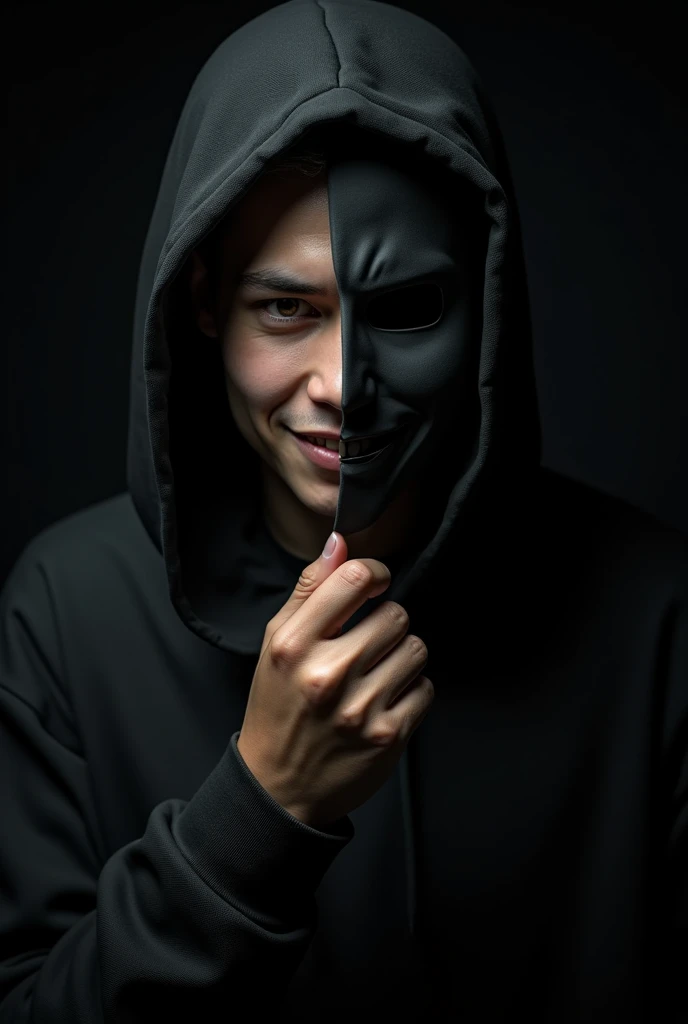 Young man holds a mask with his hand to hide the vertical half of his face. You can see the other vertical half of his face and he has a mean smile.. He wears a black hood. The background is black, is coming out from the shadows.