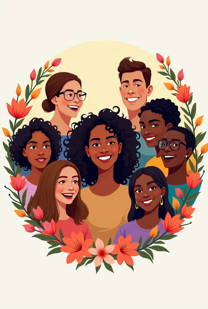 I want a circular image that is with flower borders around the image and the image is about discrimination where it is in different people of ethnic origin where they are happy and smiling that is