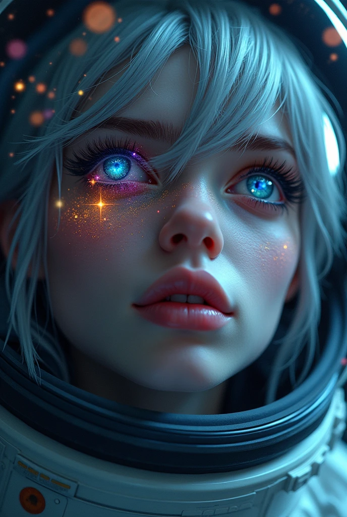 (Close-up of a better masterpiece:1.5)0.9], (Space and astronauts:1.2) (Messy silver hair:1.1) (Heterochromia xanthochromia and blue eyes:1.2) (Space Helmet:1.0) (Colored stars in the eyes:1.0) (A radiant glow:1.1) (thick lips:0.9)