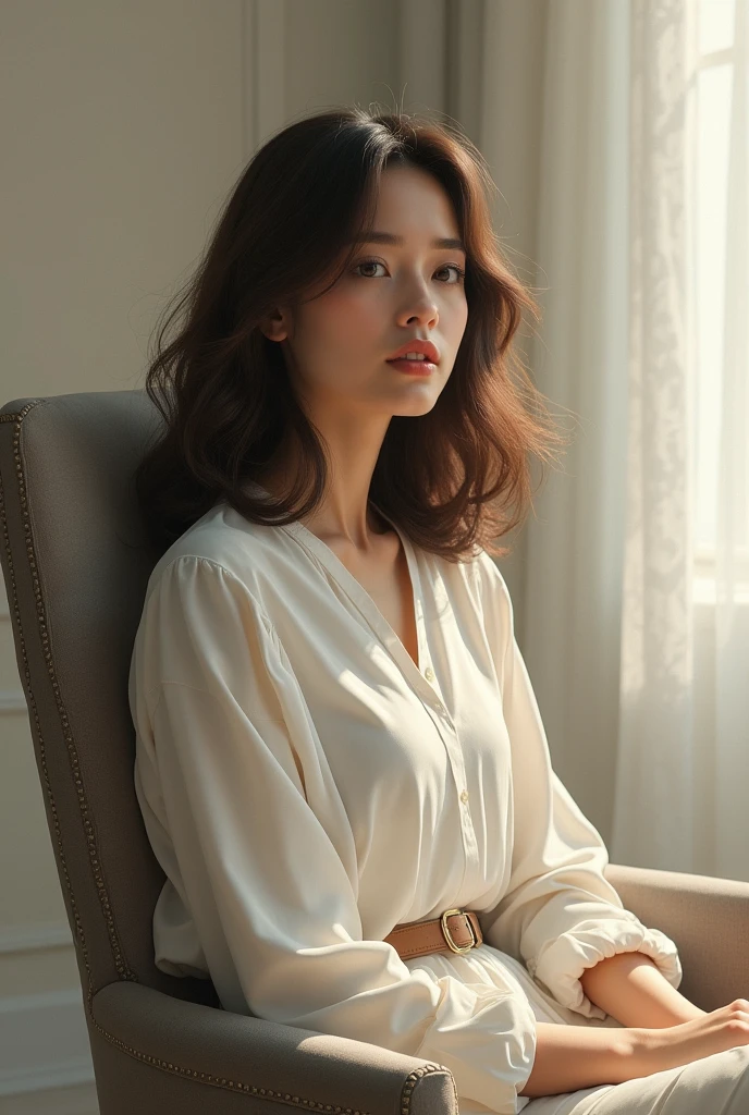 A brown haired woman sitting on a chair
