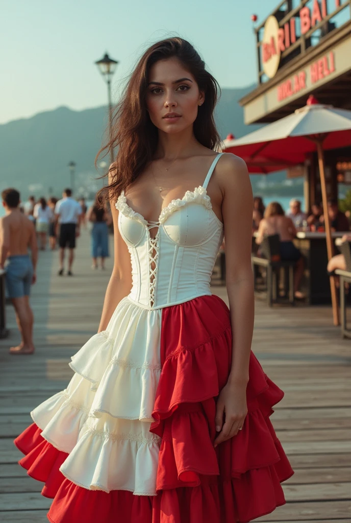 Take a picture of Maria Navalha from the pier at the bar, with a white corset and a skirt with 7 ruffles, white and red 
