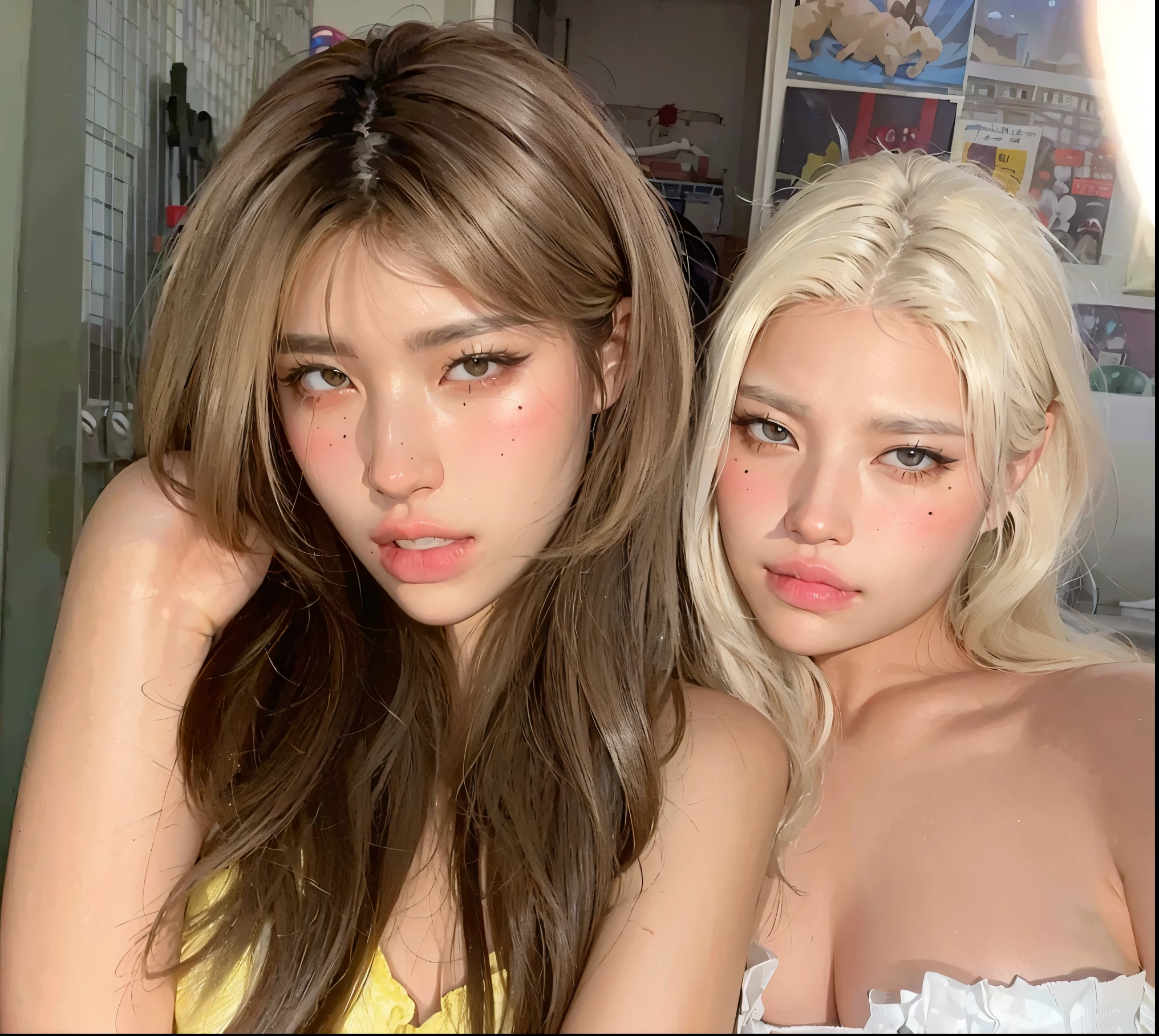 ((blank background)),(((Two girls))),(One is a 22-year-old Korean KPOP idol,blonde short hair.),(One is an 24 year-old Japanese long-haired gravure idol,plump figure.),(Face stained:1.3),(Huge Breasts),Back hug,cheeks and cheeks,((They all look at the audience.)),small areola,open your mouth,Narrow your eyes,kiss,from above,(((Their eyes are full of provocation))),The two are lovers,Beautiful eyes reflect light,Hair reflects light and sparkles,photo shoot