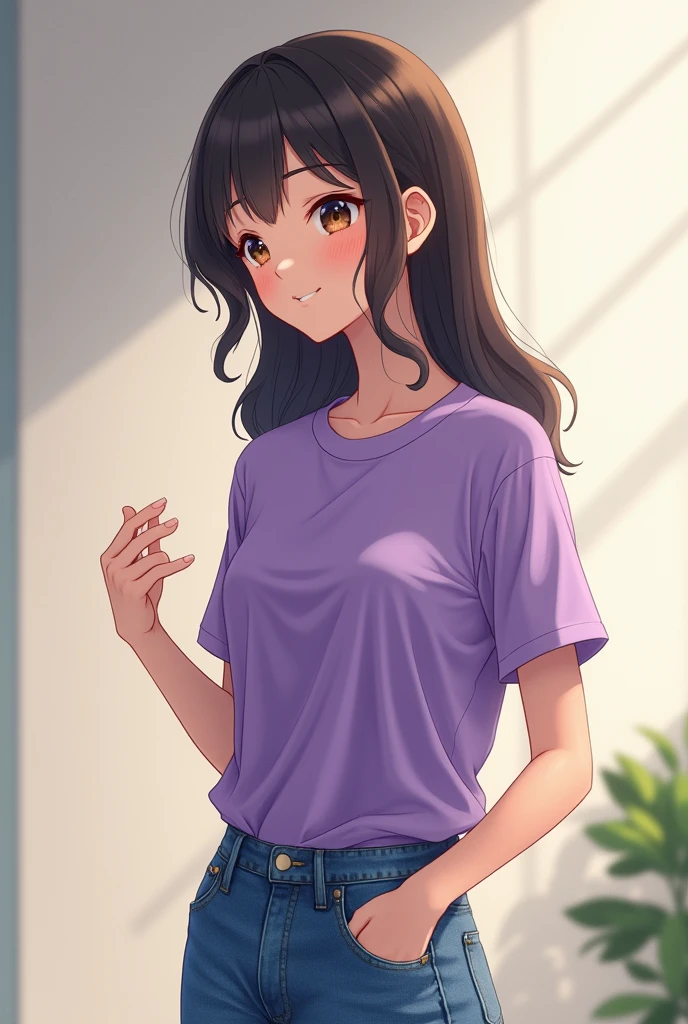 A beautiful young woman, standing, she looks like she's talking, she wears a purple t-shirt and a jeans, anime style, full portrait, realistic, profile side view
