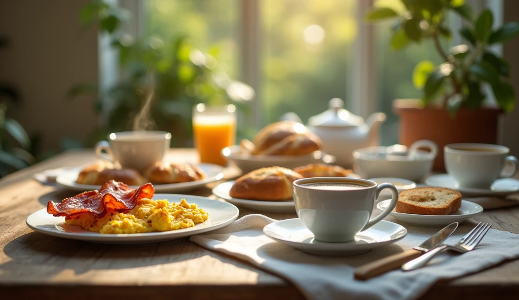 A cinematic photograph of a lunch table set with a delectable breakfast spread. There is a steaming cup of coffee, crispy bacon, scrambled eggs, and toasted bread. The food is placed on elegant, white ceramic dishes and linens. The background is subtly blurred to draw attention to the central subject. The image is shot in a rustic, natural light-filled environment with gentle shadows and soft focus, emphasizing the textures and colors of the food and surrounding elements. The composition is arranged to evoke a sense of cozy morning gathering.