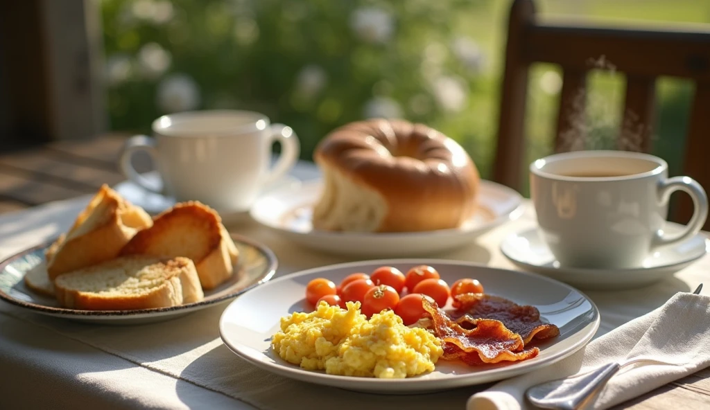 A cinematic photograph of a lunch table set with a delectable breakfast spread. There is a steaming cup of coffee, crispy bacon, scrambled eggs, and toasted bread. The food is placed on elegant, white ceramic dishes and linens. The background is subtly blurred to draw attention to the central subject. The image is shot in a rustic, natural light-filled environment with gentle shadows and soft focus, emphasizing the textures and colors of the food and surrounding elements. The composition is arranged to evoke a sense of cozy morning gathering.