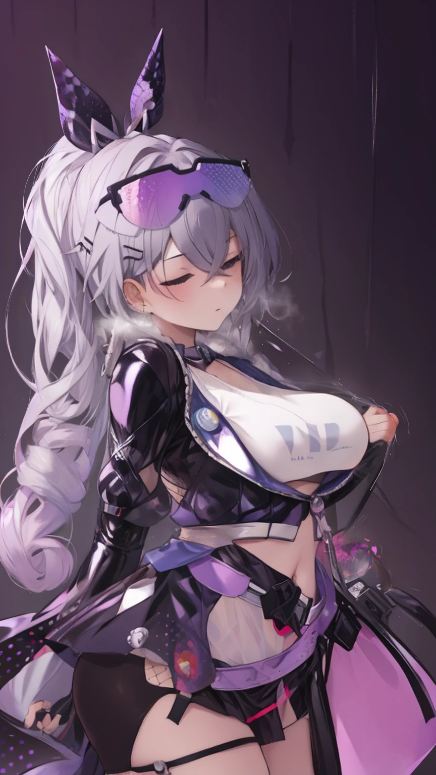 Highest quality、Ultra detailed high resolution Unity 8k wallpapers、Detailed and perfect anatomy　penis(((huge、black、testis))) Horny NSFW ((Obscene)) Gigantic breasts  (((see-through clear, rubber suit)))Hollow Eyes　(Purple slime dripping from above) (((Barcode)))