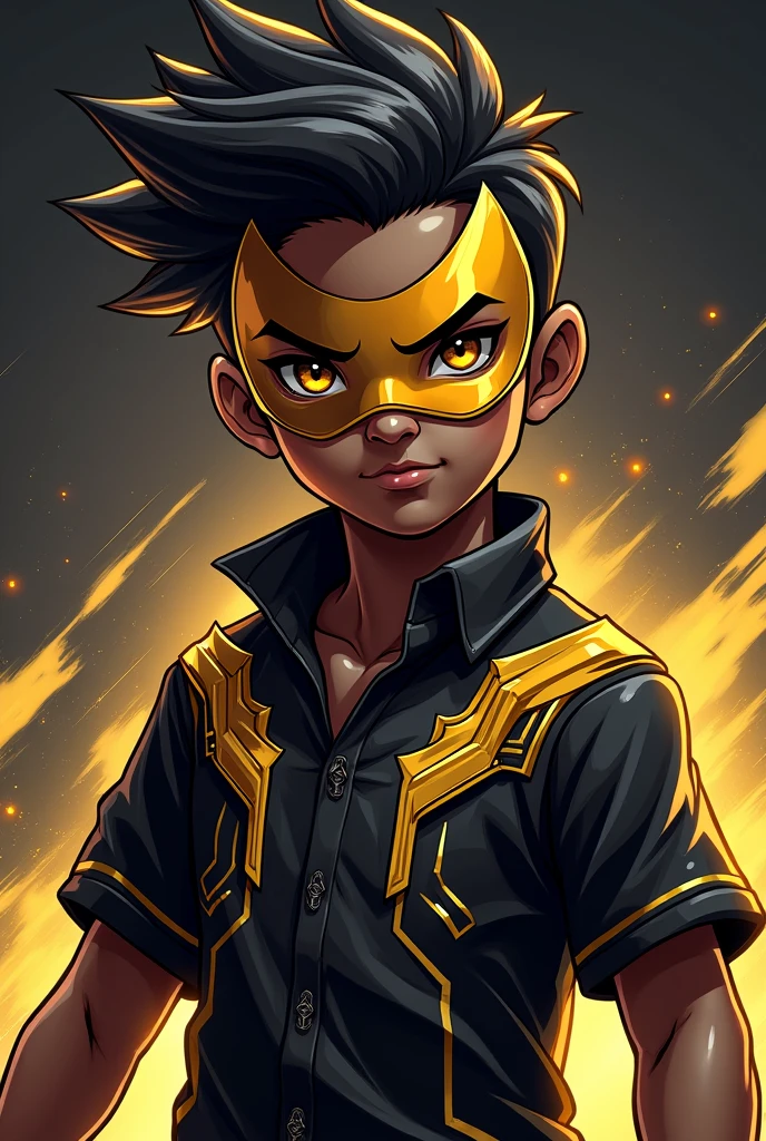 Create me a mascot logo where the mascot is a black-skinned gamer boy with a golden mask and a black shirt with gold 